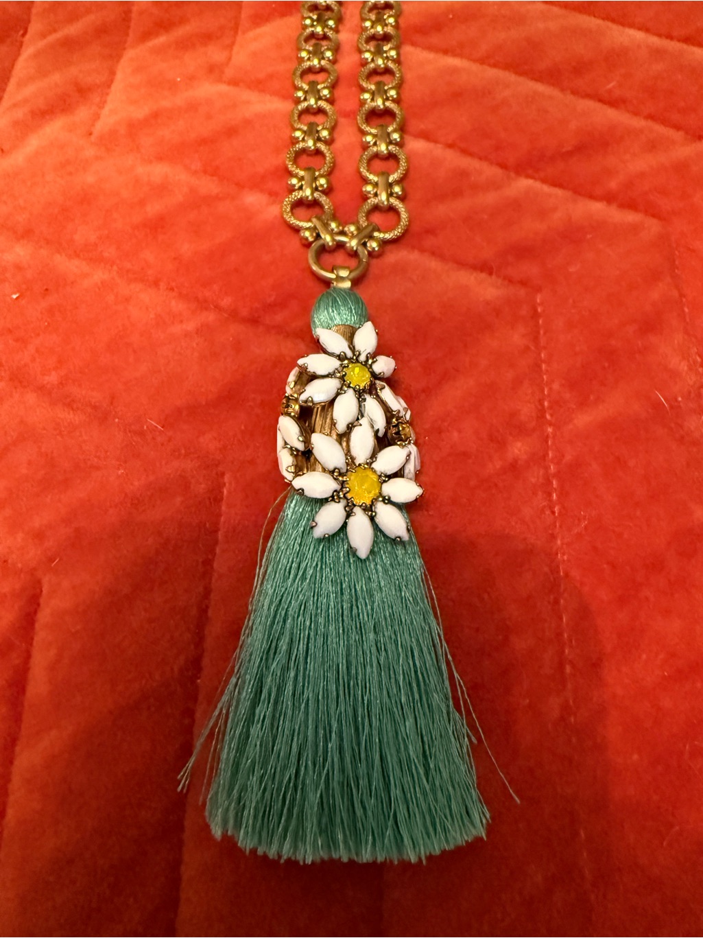 Elizabeth Cole Gold Chain Necklace With Tassel And White Daisy Accents